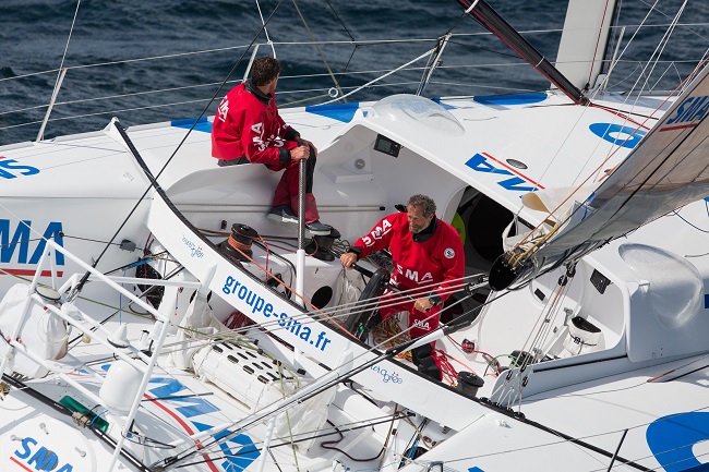 1st sailing aerial images of the new IMOCA SMA, skipper Paul Meilhat, training off Groix and Belle Ile with coach Michel Desjoyeaux, Mer Agitee, on may 06, 2015 - Photo Jean Marie Liot / DPPI / SMA