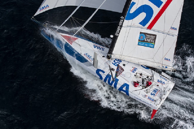 Skippers Paul Meilhat and Michel Desjoyeaux (Fra) training onboard IMOCA SMA before the start of the duo race Transat Jacques Vabre 2015, from Le Havre (France) to Itajai (Brazil), off Groix, south brittany on september 16, 2015 - Photo Jean Marie LIOT / DPPI / SMA